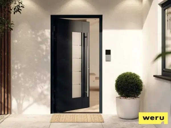 Moderne Haustür in dunklem Design mit Glaseinsatz, seitlich Pflanze und Klingel sichtbar.